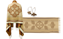 Load image into Gallery viewer, Beige scarf with floral patterns and gold earrings on a white background