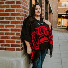 Laden Sie das Bild in den Galerie-Viewer, Formline black and red hooded poncho / wrap by Haida artist Ernest Swanson - North of Fifty Indigenous Boutique
