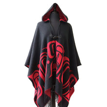 Laden Sie das Bild in den Galerie-Viewer, Formline black and red hooded poncho / wrap by Haida artist Ernest Swanson - North of Fifty Indigenous Boutique