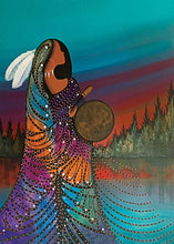 Laden Sie das Bild in den Galerie-Viewer, Aurora Drummer by Cree, Native artist, Indigenous Art, Betty Albert, North of Fifty 50