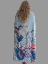 Load image into Gallery viewer, "Hummingbird Feathers" fleece blanket, artwork by Metis artist, Carla Joseph

