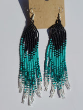 Load image into Gallery viewer, Black and teal Beaded Ombre Fringe Earrings
