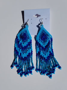 Blue Beaded Chevron Fringe Earrings