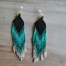 Load image into Gallery viewer, Black and teal Beaded Ombre Fringe Earrings
