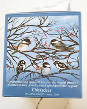 Laden Sie das Bild in den Galerie-Viewer, &quot;Chickadees&quot; Glass Ornament by Metis artist Carla Joseph
