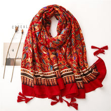 Laden Sie das Bild in den Galerie-Viewer, Lightweight scarf / shawl with red Bohemian design - North of Fifty Indigenous Boutique
