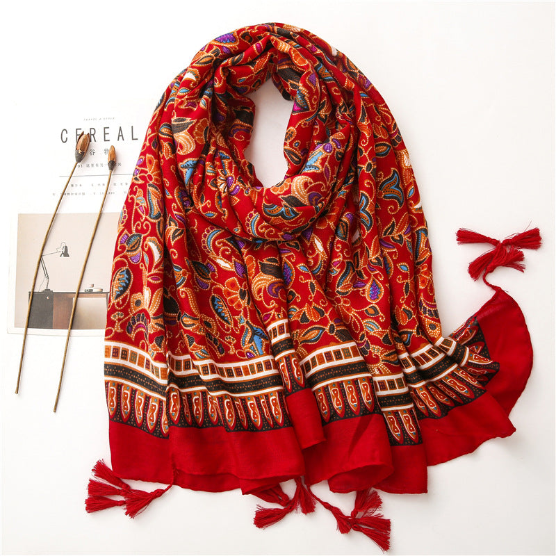 Lightweight scarf / shawl with red Bohemian design - North of Fifty Indigenous Boutique