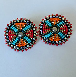 Teal and orange medallion earrings