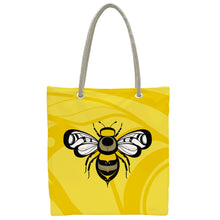 Laden Sie das Bild in den Galerie-Viewer, Yellow tote bag with a bee design by Indigenous artist  Adam Lewis
