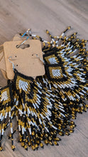 Laden Sie das Bild in den Galerie-Viewer, Black White and Gold Chevron Fringe Earrings indigenous art gift by North of Fifty First Nations &amp; Métis Art Boutique Canada
