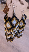 Laden Sie das Bild in den Galerie-Viewer, Black White and Gold Chevron Fringe Earrings indigenous art gift by North of Fifty First Nations &amp; Métis Art Boutique Canada

