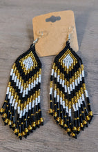 Laden Sie das Bild in den Galerie-Viewer, Black White and Gold Chevron Fringe Earrings indigenous art gift by North of Fifty First Nations &amp; Métis Art Boutique Canada
