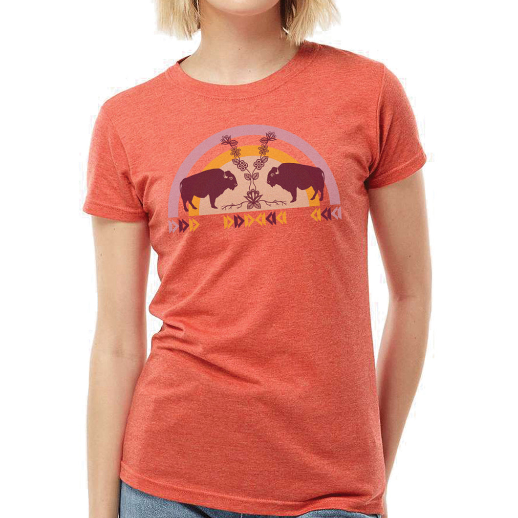 Women's Buffaloes (MashkodeBiizhikina) fitted Tshirt, design by Storm Angeconeb - North of Fifty Indigenous Boutique