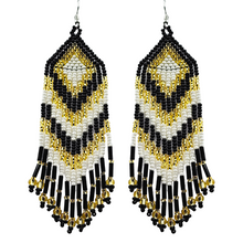 Laden Sie das Bild in den Galerie-Viewer, Black White and Gold Chevron Fringe Earrings - North of Fifty Indigenous Boutique
