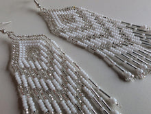 Load image into Gallery viewer, white beaded fringe earrings with chevron pattern
