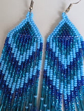 Load image into Gallery viewer, close up of top of blue beaded earrings
