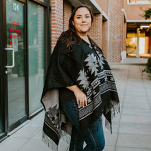 Charger l&#39;image dans la galerie, &quot;Visions of Our Ancestors&quot; hooded poncho/wrap by Native artist Leila Stogan - North of Fifty Indigenous Boutique
