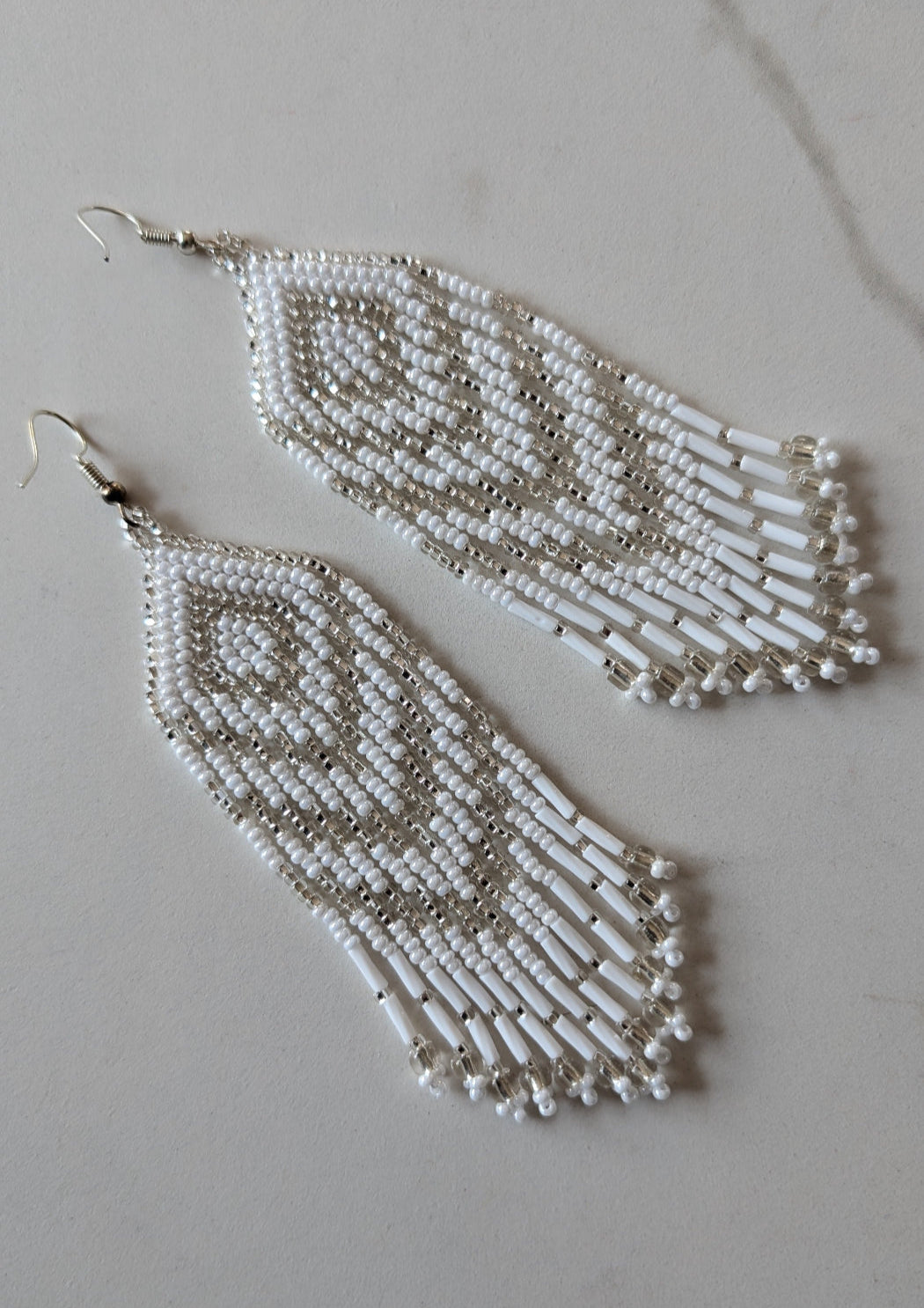 white and silver chevron pattern beaded earrings