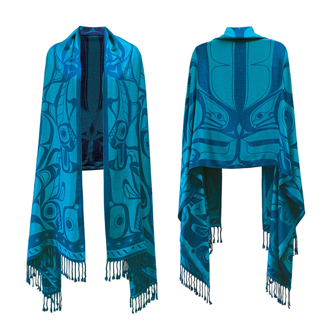 Orca Song Shawl featuring the artwork of Morgan Asoyuf, Tsimshian - arriving late January 2025