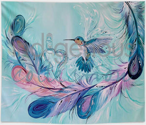 "Hummingbird Feathers" fleece blanket, artwork by Metis artist, Carla Joseph