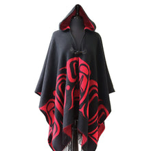 Laden Sie das Bild in den Galerie-Viewer, Formline black and red hooded poncho / wrap by Haida artist Ernest Swanson
