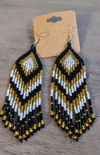 Laden Sie das Bild in den Galerie-Viewer, Black White and Gold Chevron Fringe Earrings - North of Fifty Indigenous Boutique
