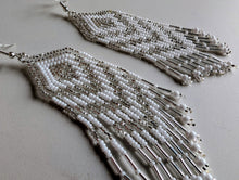 Load image into Gallery viewer, Indigenous white and silver beaded chevron earrings
