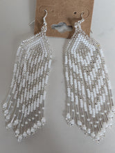 Load image into Gallery viewer, white and silver beaded fringe earrings
